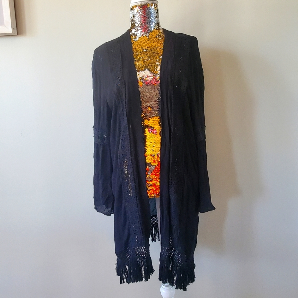 Knox Black Kimono with Lace & Fringe with Ruffle Sleeves